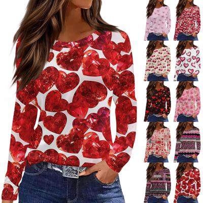 Women's Fashion Casual Slit Hem Round Neck Long Sleeve Loose Printed T-Shirt Ladies Top
