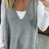 Yousheng Women Sweater V-neck Sleeveless Solid Color Knitting Vest with Pockets Ribbed Trim Loose Fit Mid-length Casual Knitwear