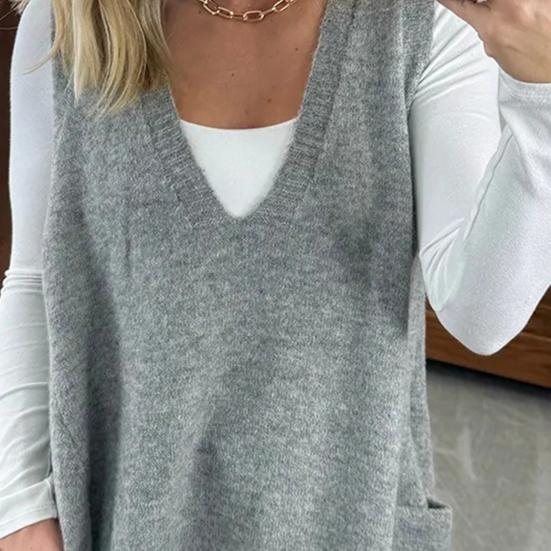 Yousheng Women Sweater V-neck Sleeveless Solid Color Knitting Vest with Pockets Ribbed Trim Loose Fit Mid-length Casual Knitwear