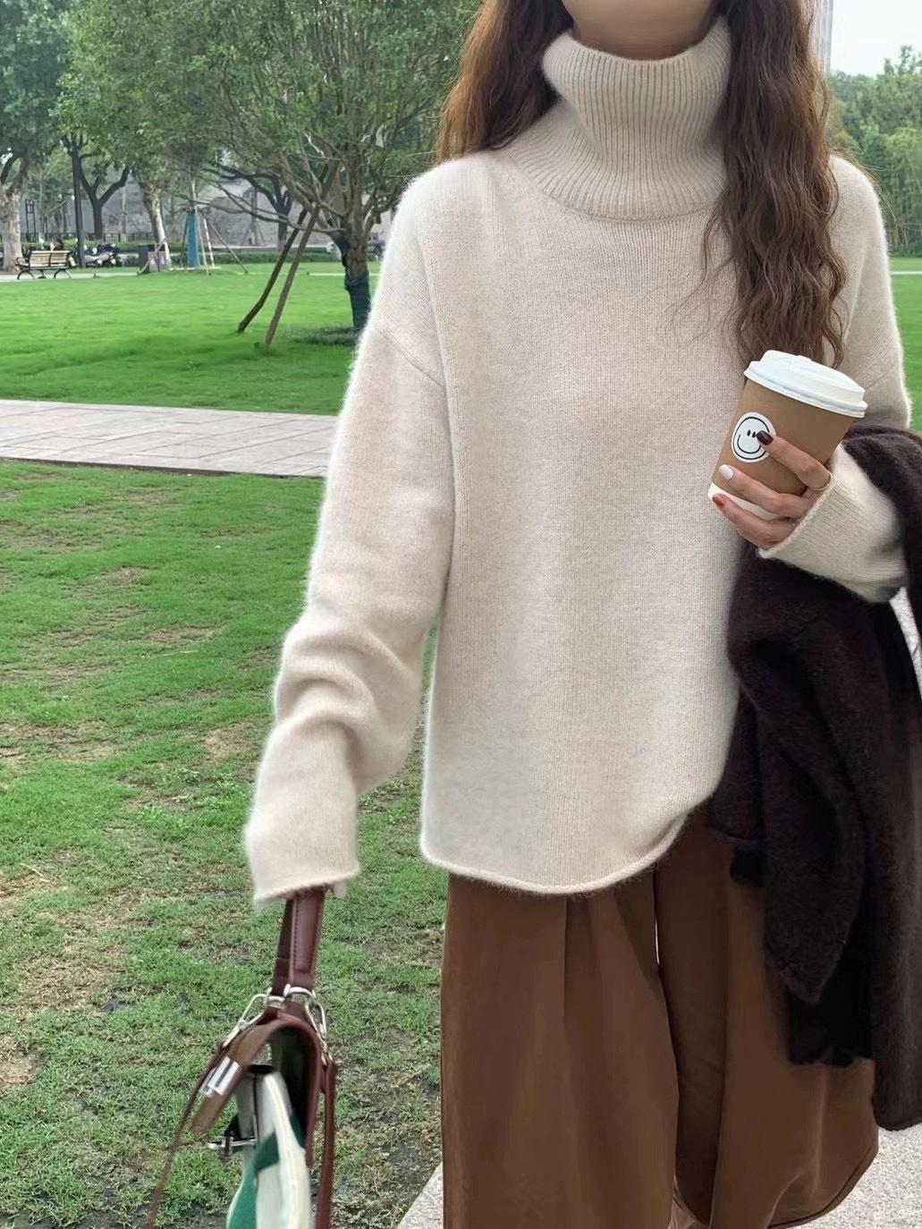 

Женский свитер с высоким воротником из высококачественной чистой шерсти в европейском стиле: Осень/Зима Мягкий, Утепленный, Рулик, Свободный крой. XXXL