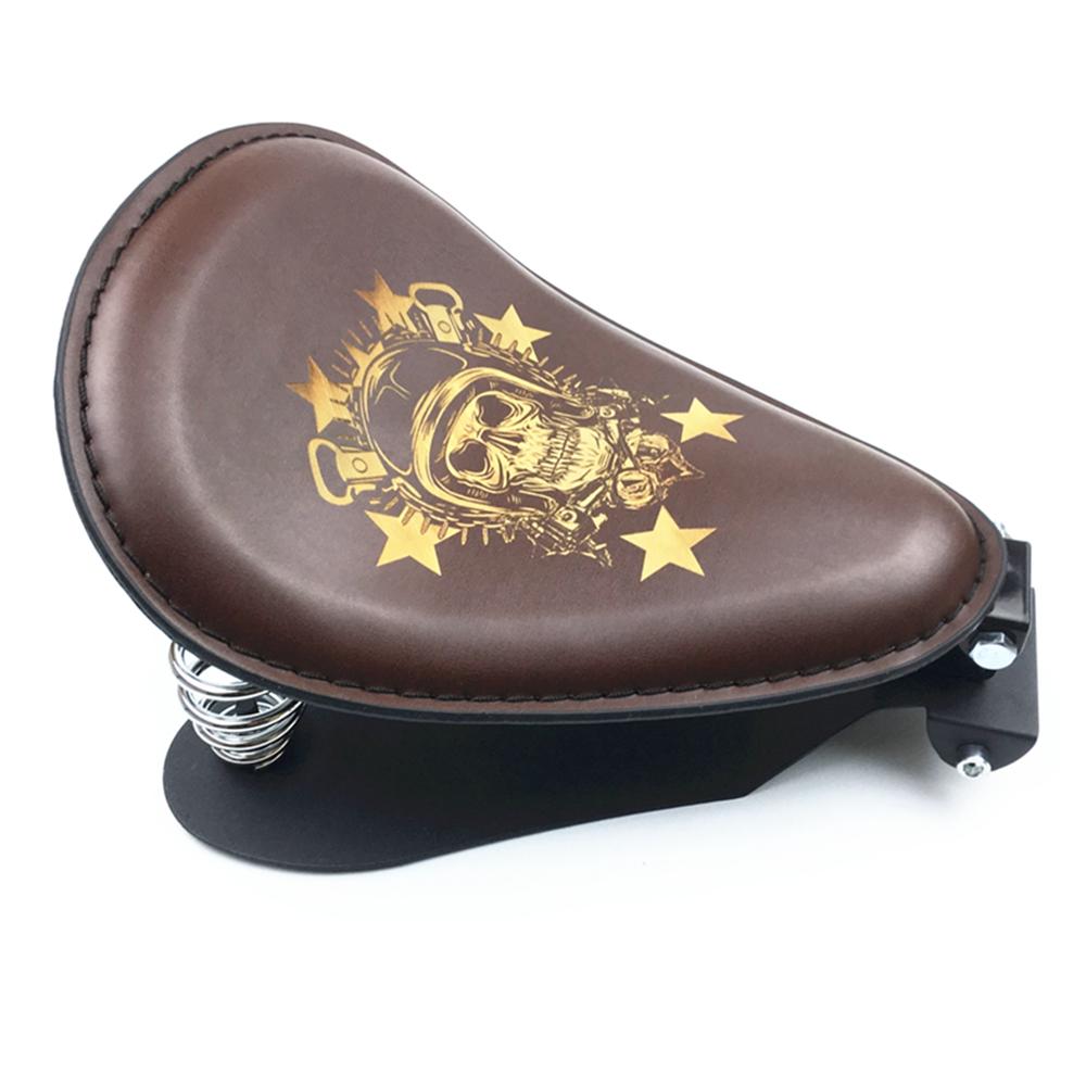 Motorcycle Retro Brown/Black Skull Leather Solo Seat+3" Spring Bracket for Harley Custom Chopper Bobber Leather Saddle Seat