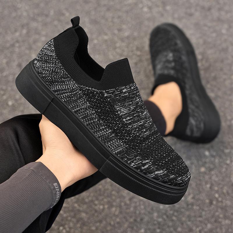 

One-pedal men s shoes summer breathable thin fly-woven mesh sports canvas shoes men s black work casual board shoes 39