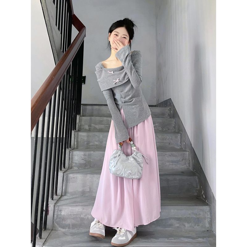 

Gray, Long Sleeve T-Shirt Unique off-Shoulder Bows Gray L [Suggested 52.50 kg-57.50 kg]]