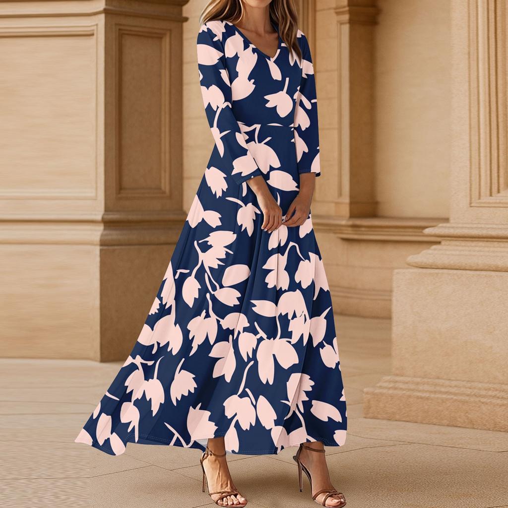 Women's Three-quarter Sleeves Fashionable Floral Print Loose Casual Comfortable Dress
