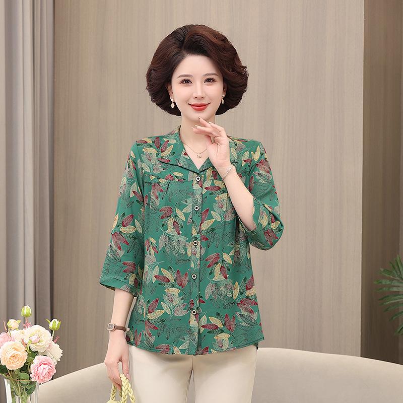 Middle-aged and Elderly Long-sleeved Shirt Women's Style Grandma's Cotton Silk Shirt Plus Size Fat Mother's Spring and Summer Loose Top