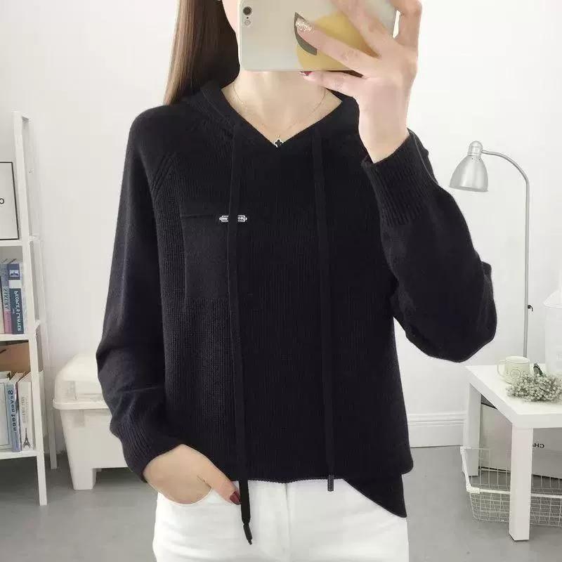 Spring and Autumn Hooded Knitted Sweater Women's Fashionable Western Style Loose Sweater Bottom Coat Women's Top