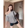 Zhang Jingyi Style Black Off-Shoulder Short-Sleeve Summer T-Shirt for Women - Slimming, Chic, Loose Fit, Diagonal Collar.