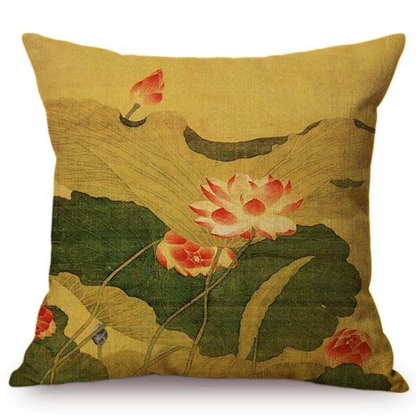Chinese Style Vintage Ink Painting Lotus Pattern Throw Pillow Cover Classical Luxury Cushion Cover Sofa Decoration Pillowcase