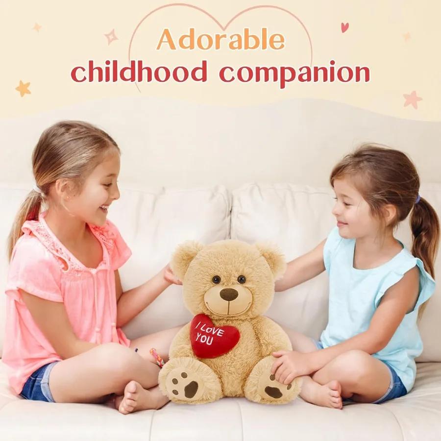 12 Adorable Brown Teddy Bear Stuffed Animal featuring Heart Gentle Plushie Toy designed for Valentine's Present to Girlfriend or Kid