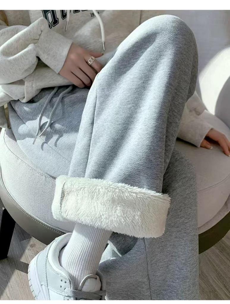 Women's Gray Lambswool Fleece-Lined Cuffed Sweatpants - Autumn/Winter Loose Fit, Two-Way Wide Straight Leg, Casual Cotton Comfort.