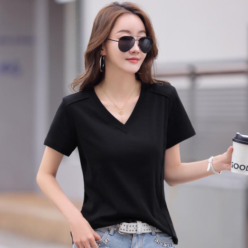 Korean Style V-Neck Cotton Short Sleeve Women's T-Shirt, Solid Color, Loose Fit, Plus Size, Spring/Summer Collection
