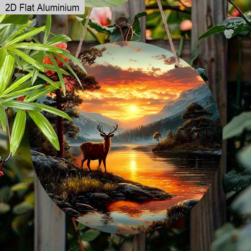 2D Flat Adorable Fawn Christmas Wreath Aluminum Sign -Fawn By The Lake in The Sunset in The Forest Design, Humorous and Festive Christmas Decoration