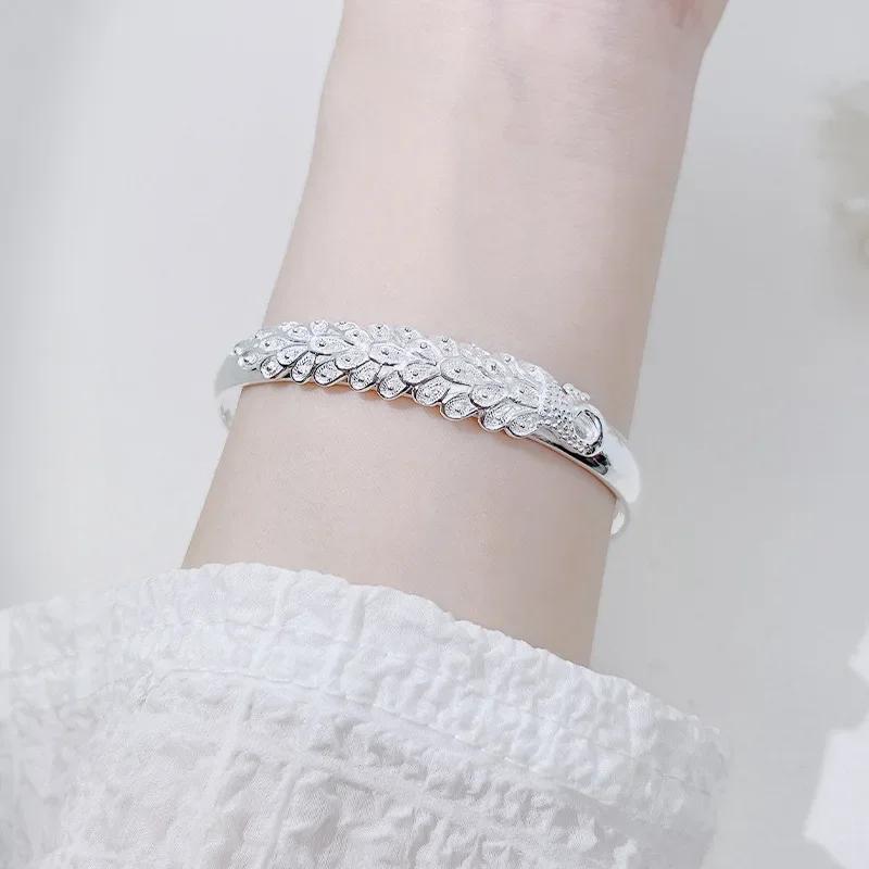 925 Silver Original Bracelets For Women Luxury Designer Peacock Opening Screen Bangle Party Wedding Accessories Jewelry