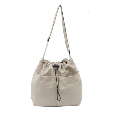 Canvas Large Capacity Adjustable Shoulder Bag for Casual Travel Solid Color Lightweight Drawstrings Crossbody Bag Purse  Ivory