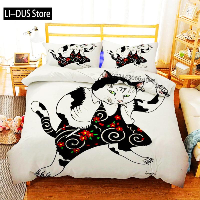 Phechion Samuray Kedi Dövmesi 3D Baskı Yatak Takımı Yorgan Kılıfları Yastık Kılıfları Tek Parça Yorgan Yatak Takımları Yatak Örtüsü Yatak K580