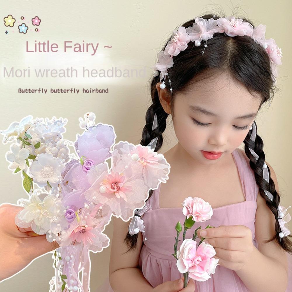 Sweet Hanfu Headdress Elegant Floral Crown Hairband Children Flower Headband  Photograph
