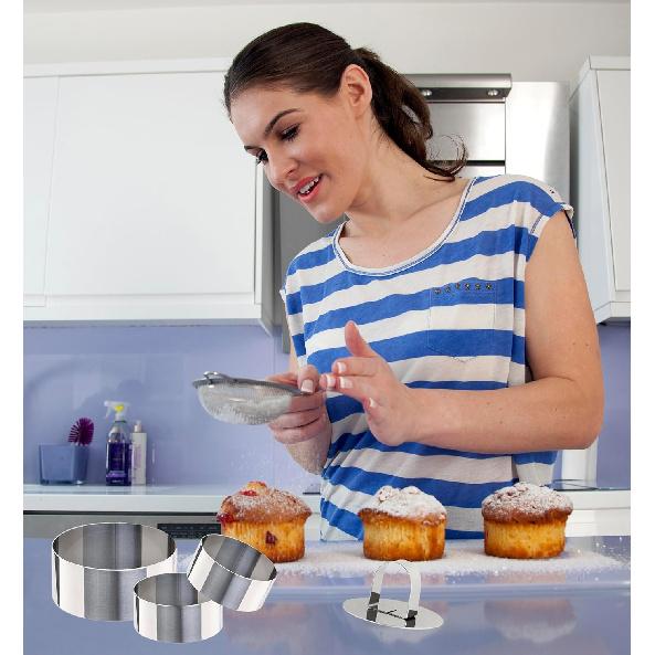 Uncle Jack 4 Pieces Round Cake Ring Molds, Stainless Steel Cake Ring Mold with Pusher, for Kitchen Tools, Baking Pastry, Mousse (Include 4 Rings and