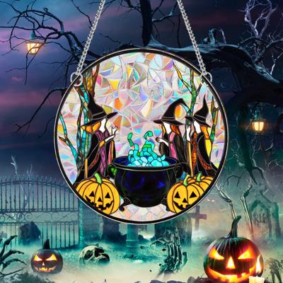 Halloweenská závěsná dekorace lapač slunce Duch Dýně Čarodějnice Černá kočka Hrad Vrána Lebka Vitráž 2D Akrylová Zeď Okno