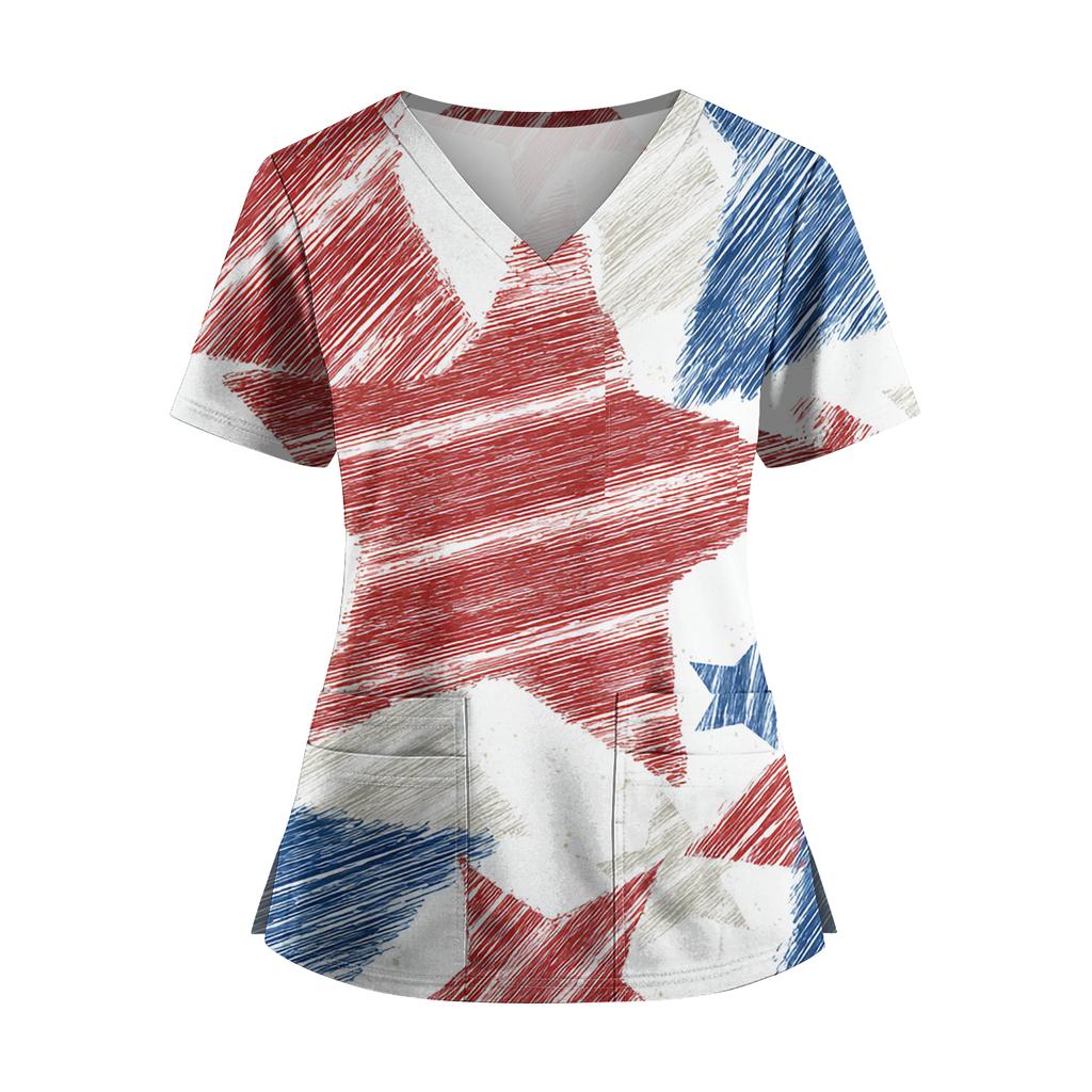 Women's Independence Day Print V-Neck Double Pocket Short Sleeve Uniform with Slit Hem - Caregiver Top