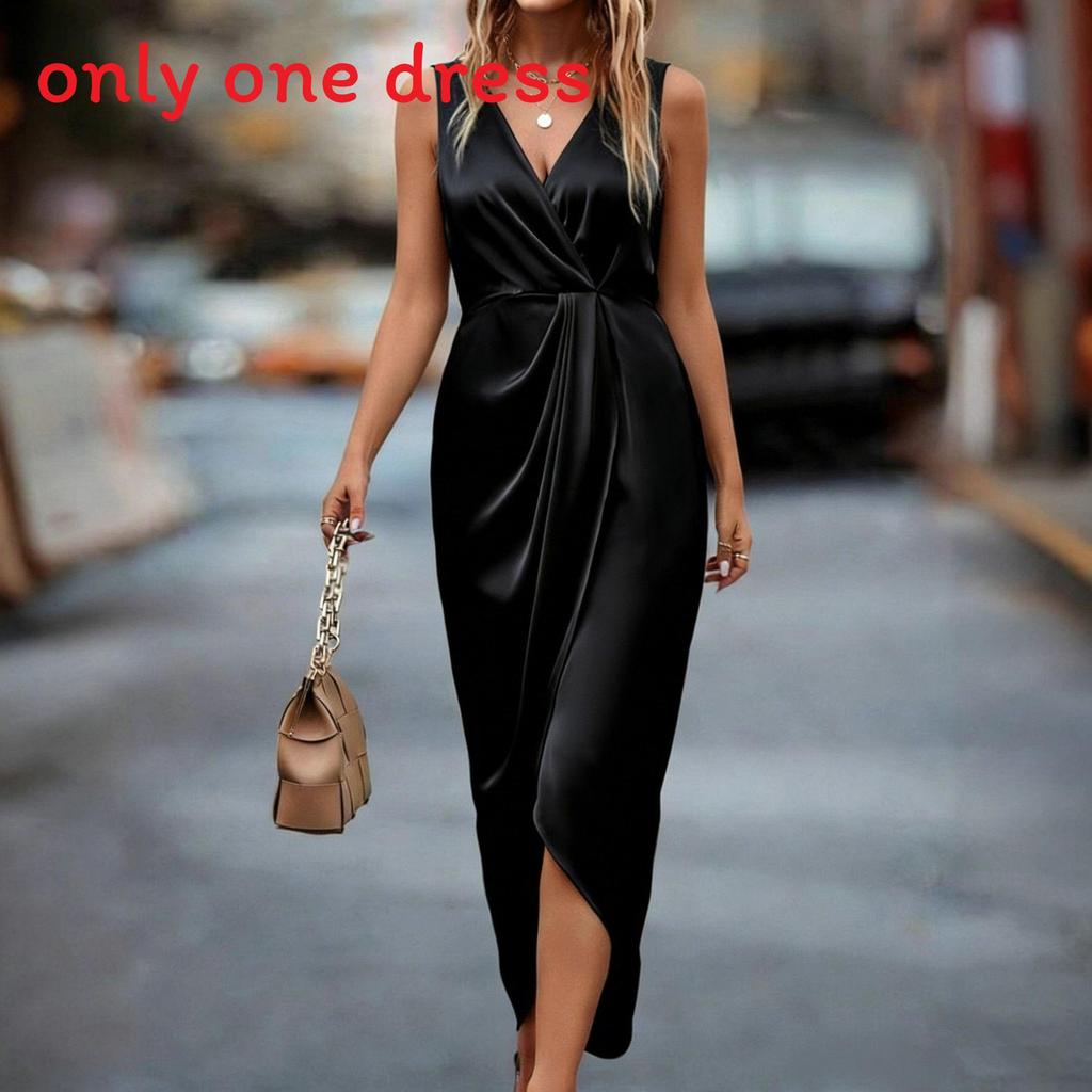 Elegant V Neck Sleeveless Long Dress With Asymmetric Hem For Formal Events