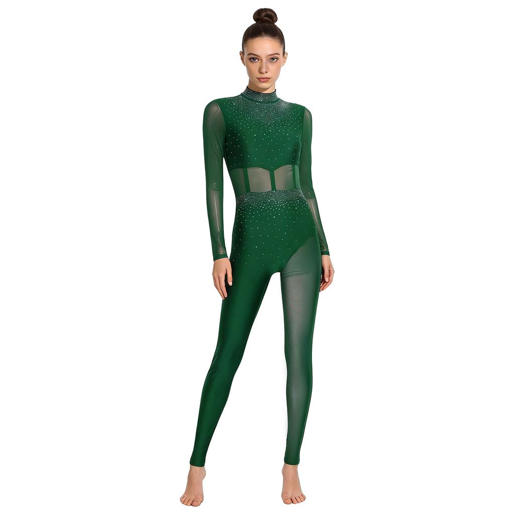 Womens Gymnastics Unitard Bodysuit Rhinestone Sheer Mesh Patchwork Cutout Back Full Body Jumpsuit Figure Skating Wear