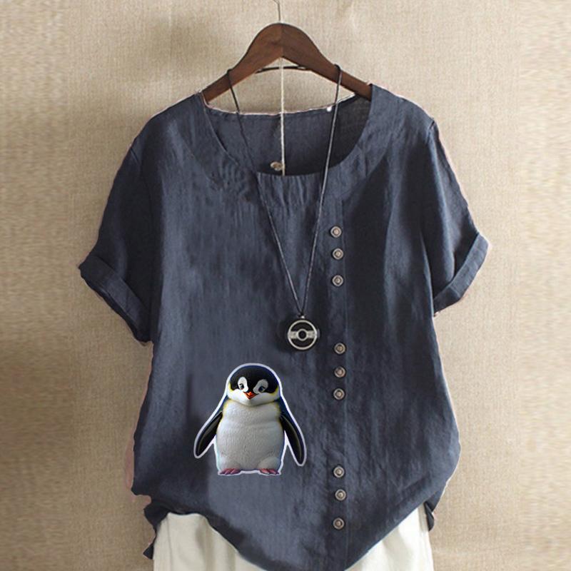 Women's Fashion Penguin Prined Round Neck Short Sleeve T-shirt Casual Cotton Linen Graphic Shirt Leisure Loose Summer Blouse Tops