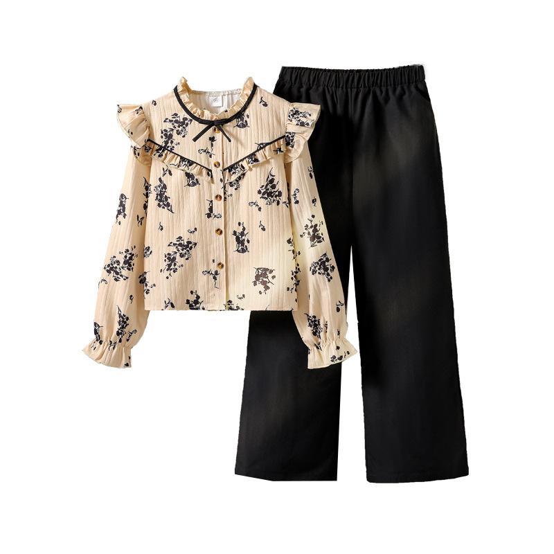 Girls' Outfit Children's Clothing Autumn New Fashion Lace Print Long Sleeve Shirt Wide Leg Pants Two-Piece Set