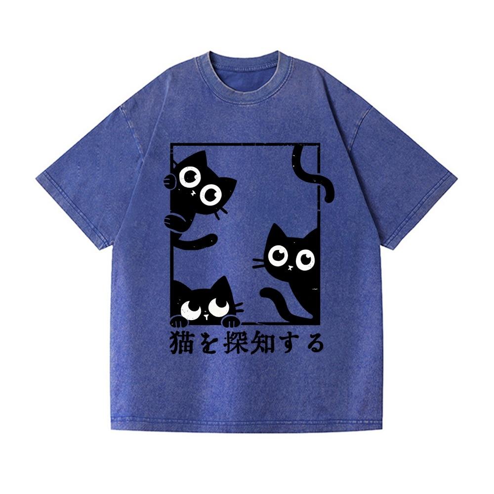 Fashion Black Cat Vintage Wash Japanese Design T-Shirt Harajuku Basic Top Casual Cotton Short Sleeve Dropped Shoulder