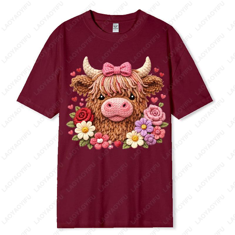 Highland Cow Rose Valentine Cotton Tshirts Imitation Knitting Printed Preppy Lovely Style Casual Cute Retro Women Oneck Tops