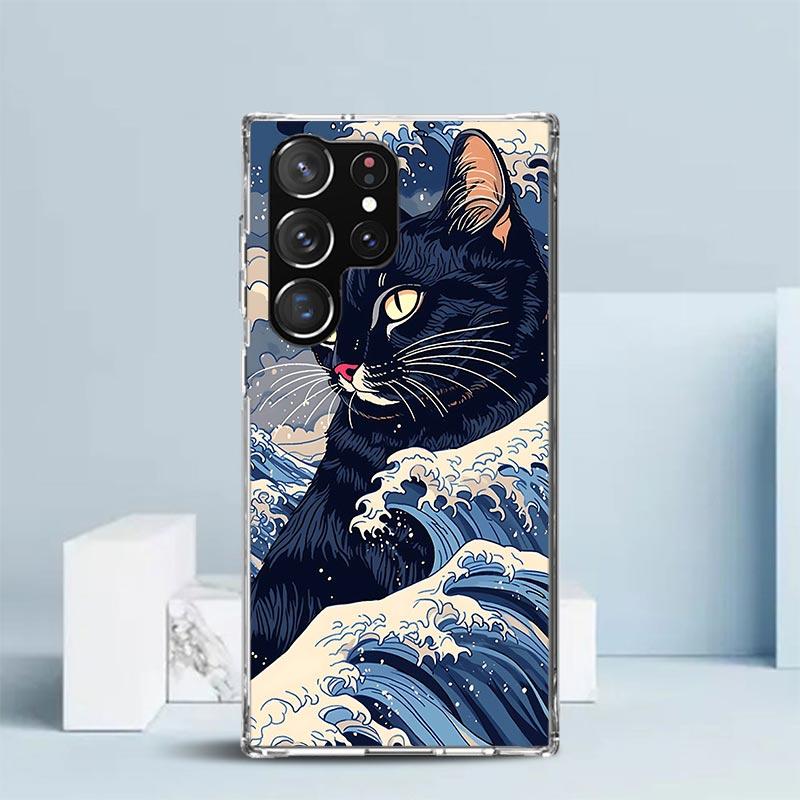 Anime Cat Sea Wave Aesthetic Phone Case For Samsung Galaxy S24 S25 Edge S26 Ultra S22 S23 Plus S21 + S20 FE Soft TPU Back Cover