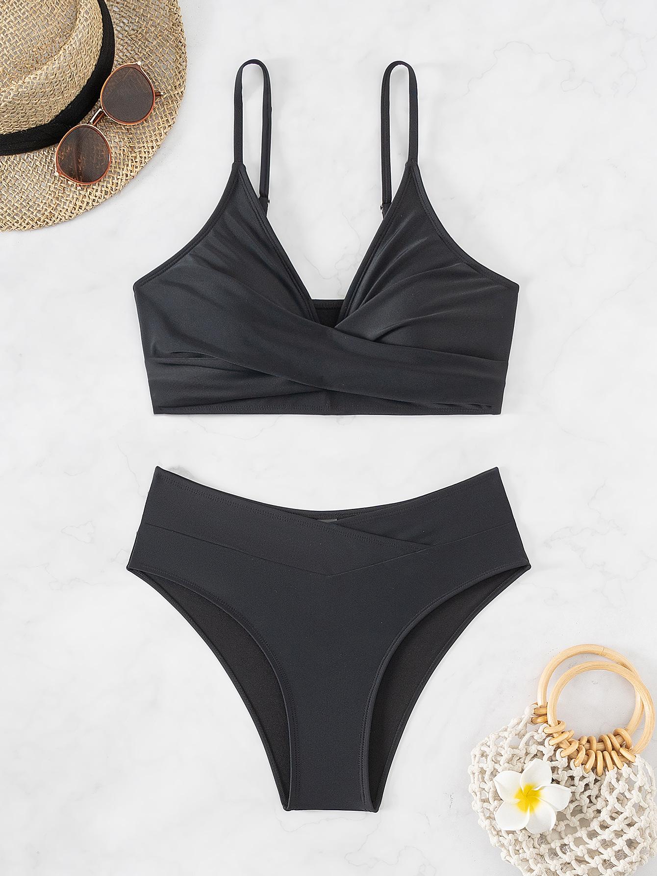 

V-образный вырез с высокой талией и перекрестными бретелями, цветной блок, открытая спина, бикини, пляжная одежда XL чёрный