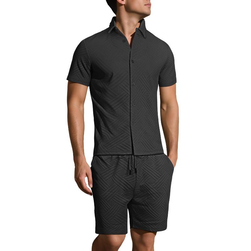 Summer hot sale new men's solid color jacquard shirt casual short-sleeved shorts two-piece set