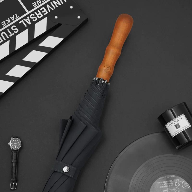 Ombrello Lungo Rinforzato Antivento da 120 cm per Uomo con Manico in Legno, Ombrello Lungo Dritto Automatico a Doppia Persona