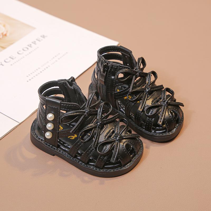 

Baby Kids Walking Shoes Sweet Bows for Girls Princess Shoes High Top Side Zipper 2025 Summer New Kids Sandals Soft Sole Non-slip 16 чёрный