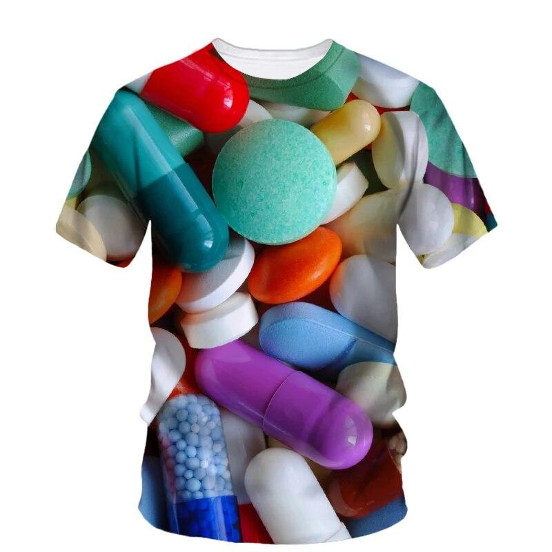 Modne nowe, oryginalność Pill Graphic T-shirty dla mężczyzn Casual Artystyczny trend osobowości Zabawne drukowane koszulki z krótkim rękawem i okrągłym dekoltem
