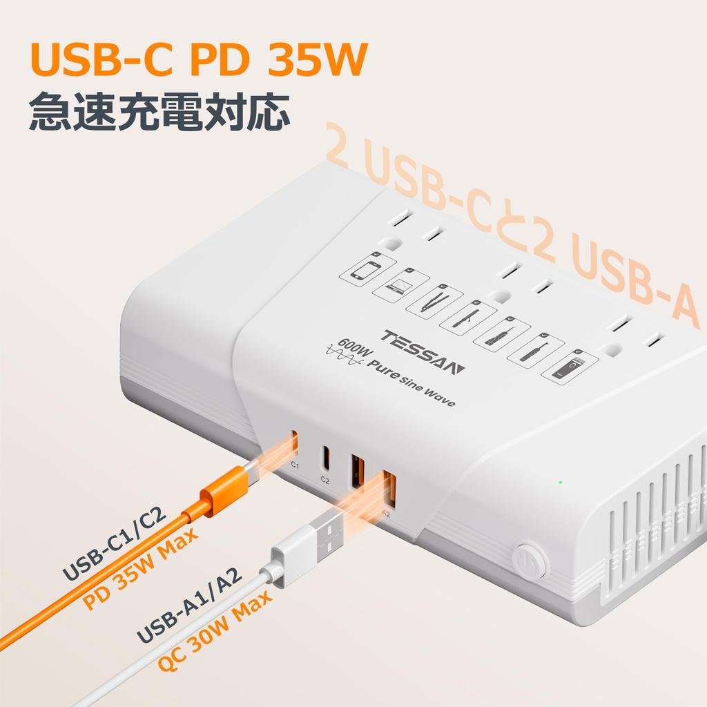 TESSAN 600W Pure Sine Wave Transformer for International 220V to 100V Converter with Type Extension QC30W Fast Compatible with and India Travel,