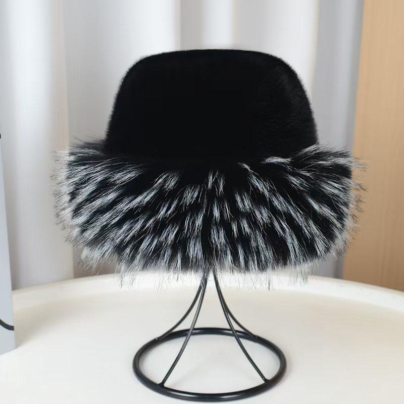 Flat Top Plush Hat with Colorful Faux Mink & Raccoon Fur - Thick & Warm for Fall/Winter