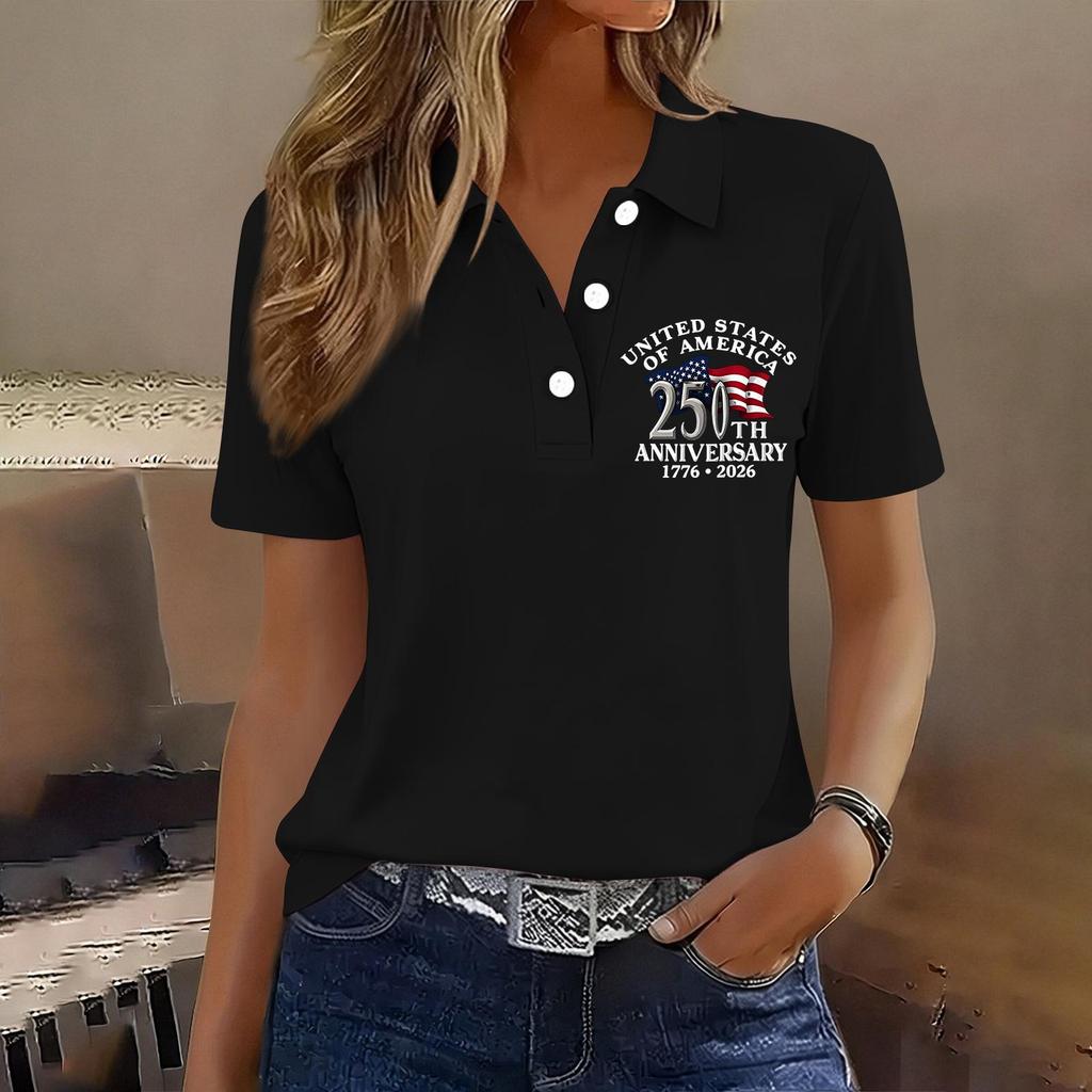 Women's Casual Button Front Short Sleeve Polo Shirt 250th Anniversary United States Printed Top 1776 To 2026 Commemorative Apparel