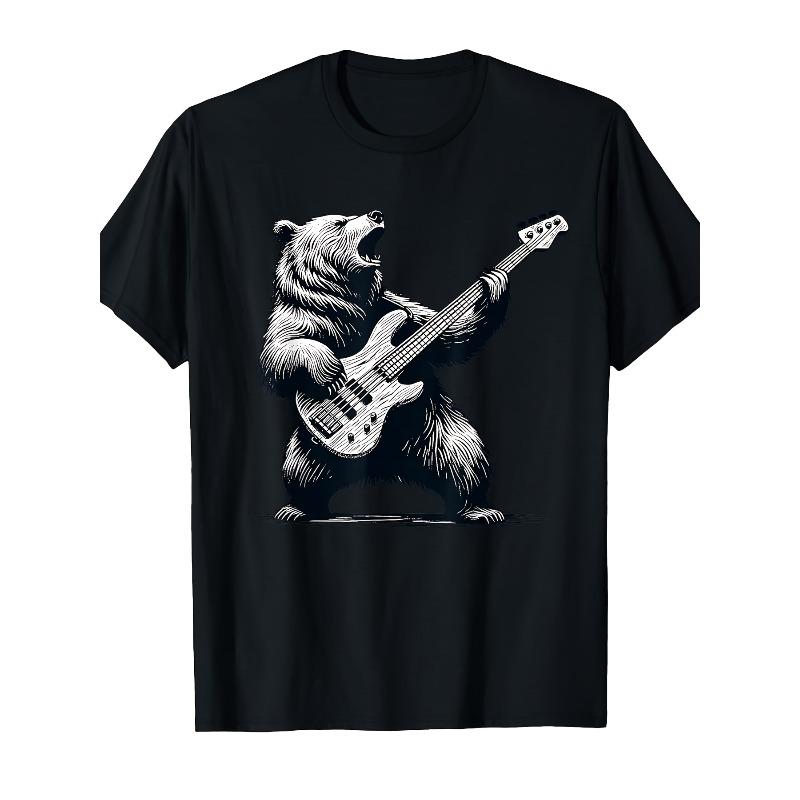 

European sizes Rocking Bear Bass Guitar Player Concert Festival Music Cool T-Shirt | Men S Casual Short Sleeve, Funny Graphic Tee 4XL чорний