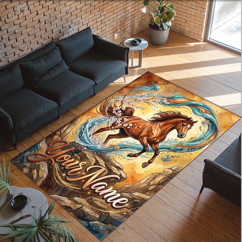 Horse Theme Crystal Velvet Floor Rug Personalized Custom Name Text Warm Carpet Home Decoration