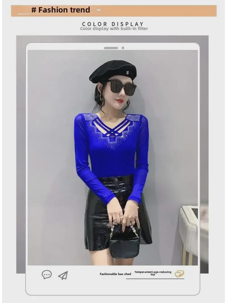 Autumn 2022 Fashion: Slim Fit V-Neck Long-Sleeve Women's Top with Mesh and Sparkling Detailing