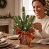 Christmas Tree Tabletop Decoration with Wooden Log Base, Gold Bells and Velvet for Holiday Home Decor