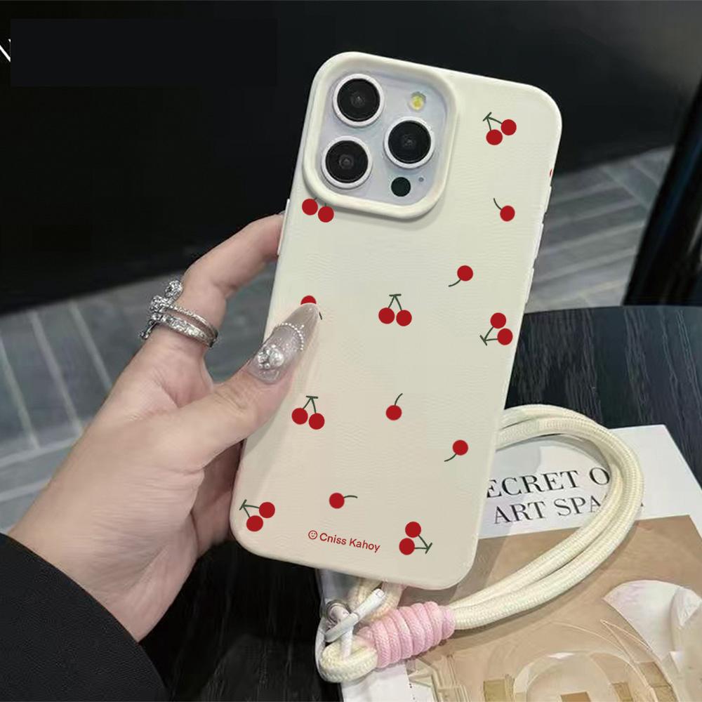 Cute Cartoon Cherry Luxury Phone Chain Lanyard Case For iPhone 17 16 15 14 13 12 Pro Max 11 Plus Shockproof Lichee Pattern Funda