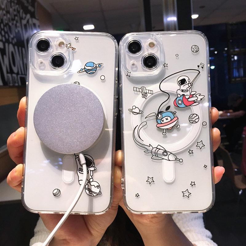 Cartoon Cute Astronaut Wireless Charging Phone Case For Iphone 14 13 12 11 Pro Max 14 Plus 14pro Clear Soft Silicone Back Cover