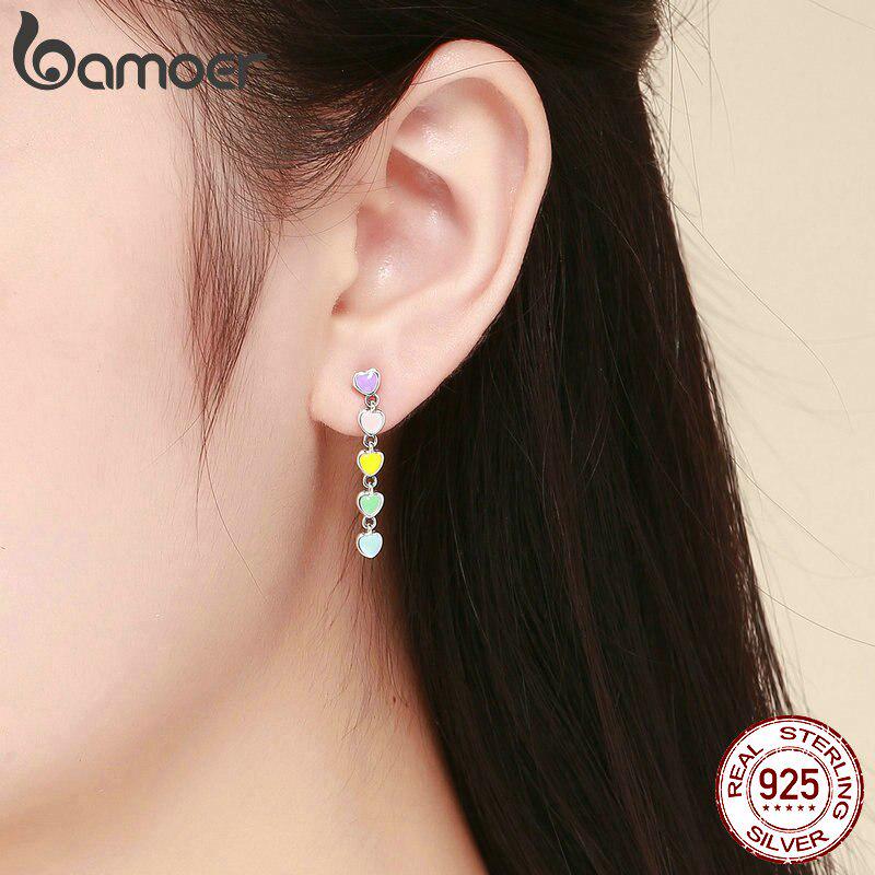 Cercei romantici cu smalț cu inimă curcubeu din argint 925 autentici BAMOER