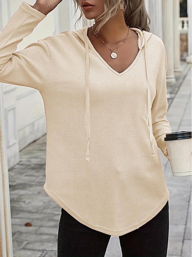 Elegant 2025 V-Neck Women's Hoodie - Soft Long Sleeve Drawstring Sweatshirt