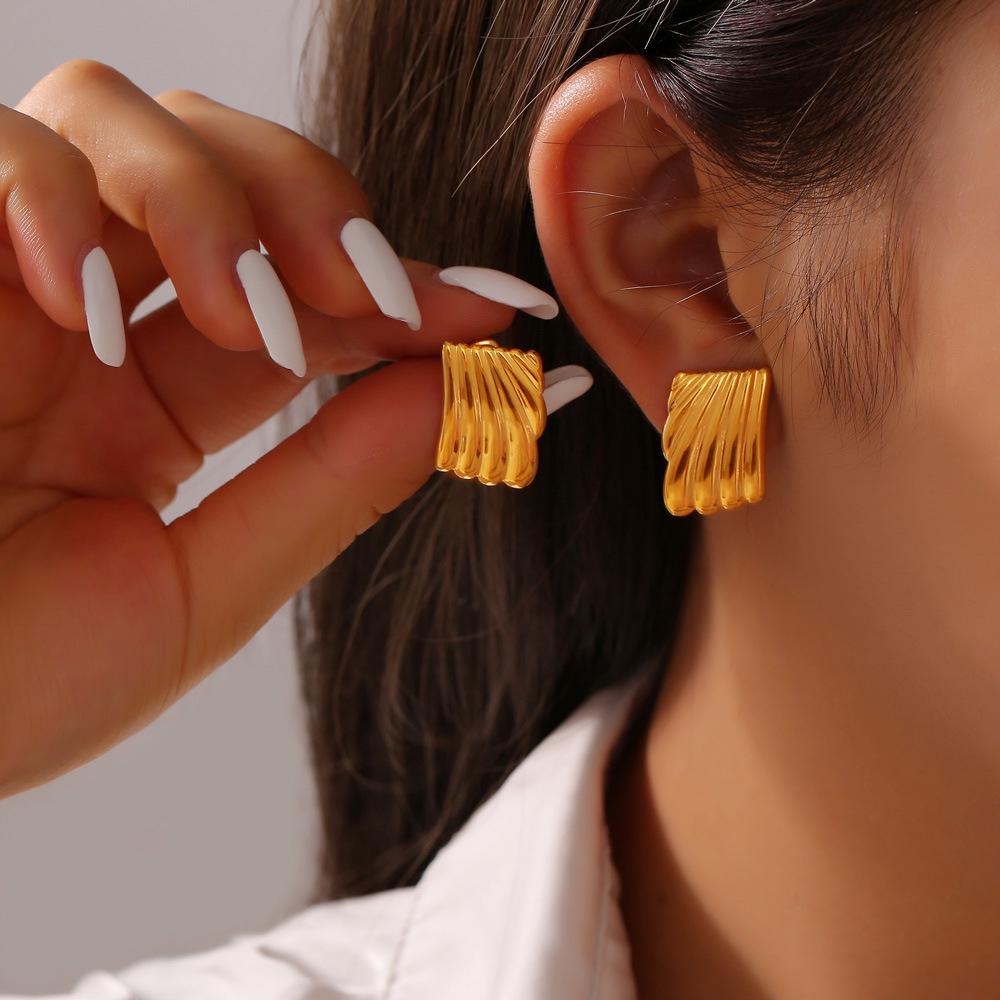 Summer Titanium Steel Striped Square Stud Earrings - European & American Fashion
