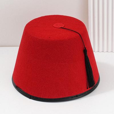 Kulatý plstěný fezový klobouk Marocký klobouk Červená barva Tarboosh Fez klobouk Cosplay Osmanský turecký klobouk s třásněmi Role play Pokrývka hlavy