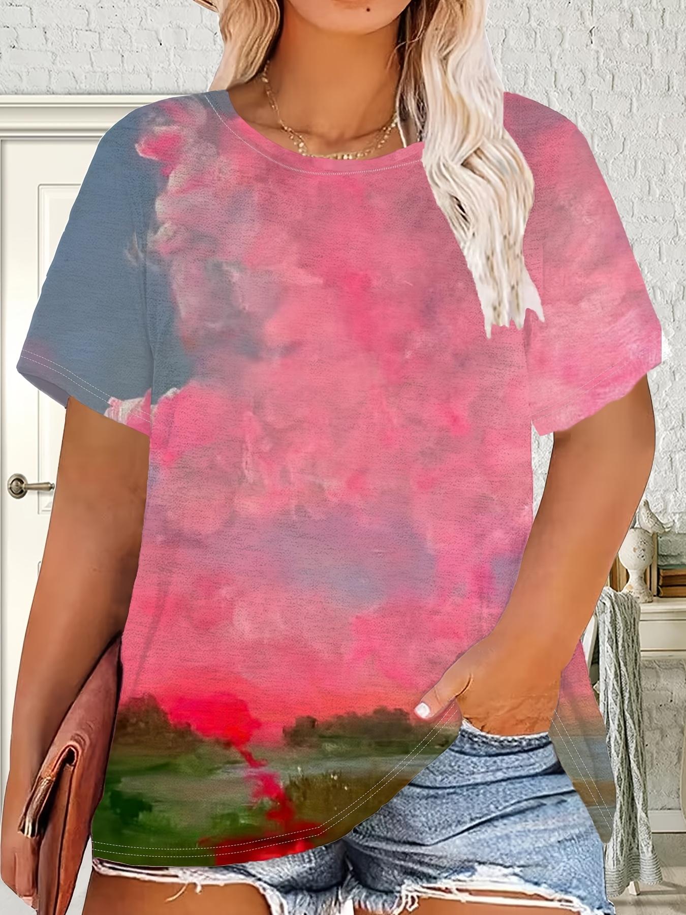 

A Short-Sleeve T-Shirt for Plus-Size Women Featuring a Round Neck And a Pink to Purple Gradient Sunset Design. Ideal for Relaxed Outings During The Sp 2XL дубильная кора