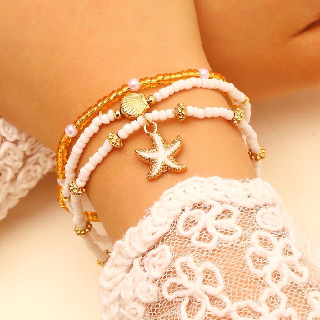 3pcs Set Creative Retro Starfish Conch Imitation Pearl Shell Beaded Stackable Anklets for Women Bohemian Vacation Jewelry Gifts
